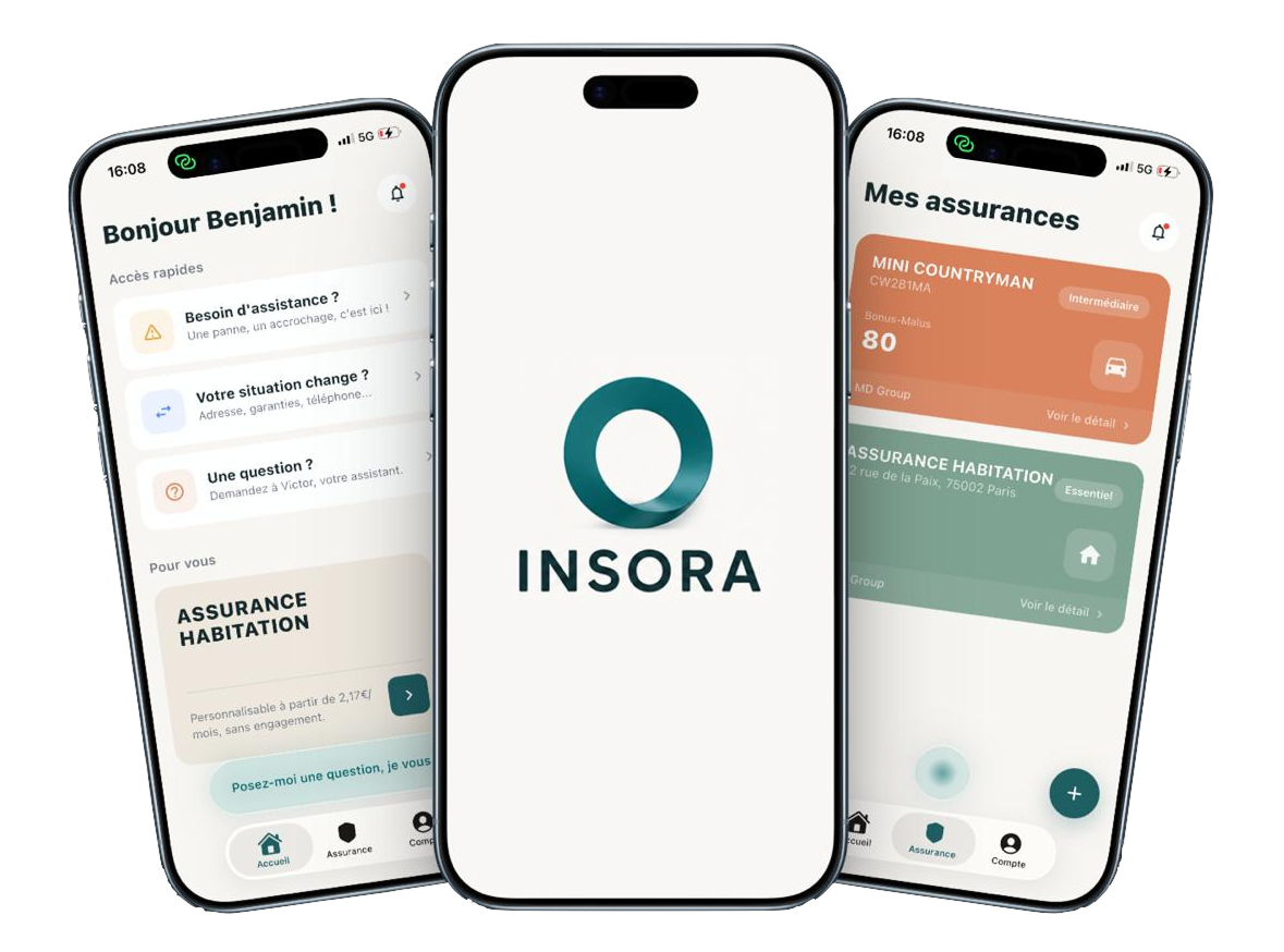 L’application INSORA sur iPhone : accueil, écran d’accueil et liste des assurances